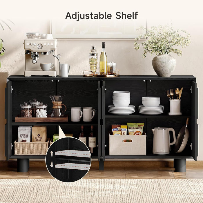 63 Inch Fluted Buffet Cabinet W/Storage, Push-Spring Doors, Black