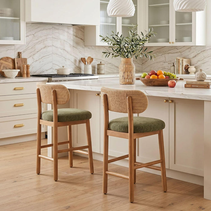 Counter Height Bar Stools Set of 2, Modern Upholstered round Counter Stools with Natural Woven Rope Back and Solid Wood Legs, Boho Barstools for Kitchen Island/Home Bar/Oatmeal - Green Chenille