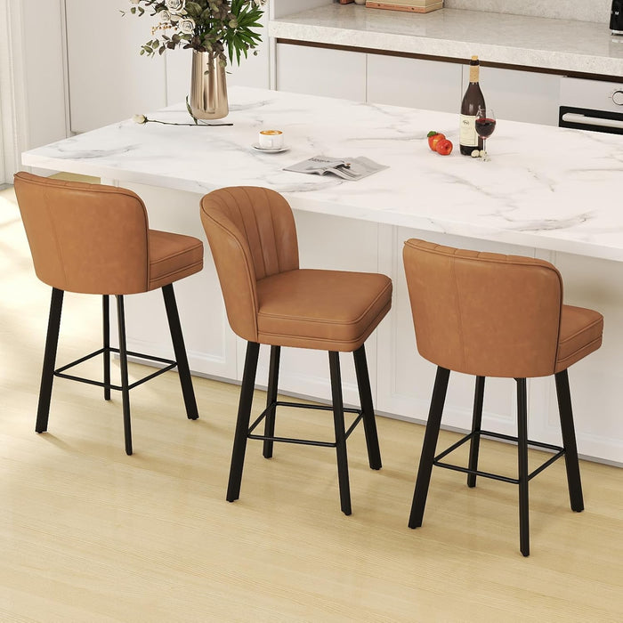 Swivel Counter Height Bar Stools Set of 2, 26'' Modern Barstools with Backs and Metal Legs, Upholstered Bar Chairs, Faux Leather Whiskey Brown Stools for Kitchen Island Chairs
