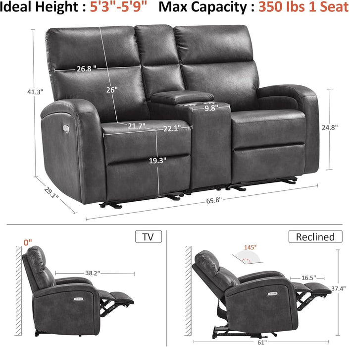 65.7" Zero Wall Recliner Loveseat with Console, 2-Seat Power Wall Hugger Sofa with Cup Holders, USB & Type-C Dual Charge Ports, for Living Room, RV PR646M2 (Dark Grey, Loveseat with Console)