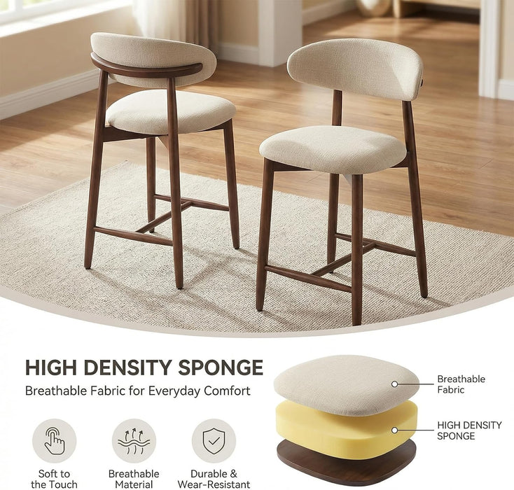 Counter Height Bar Stools Set of 3, Kitchen Bar Stools with Back, Mid Century Modern Upholstered Barstools with Wood Legs for Kitchen Island Dining Room, Beige
