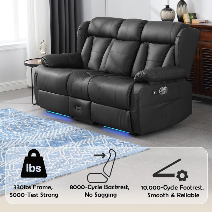 72.8" Loveseat Recliner Sofa, Manual Reclining Couch with Console, AC Outlet & USB-A/USB-C Ports, Wall Hugger RV Sofa for Living Room & Home Theater with Cup Holders (Black Console with LED)