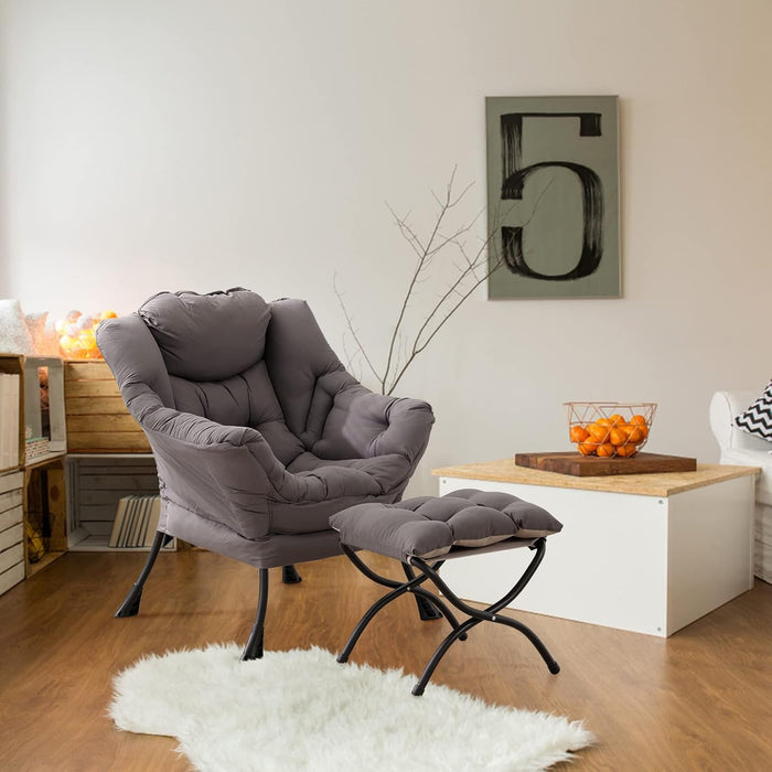 Dark Grey Velveteen Upholstered Ottoman Lounge Chair