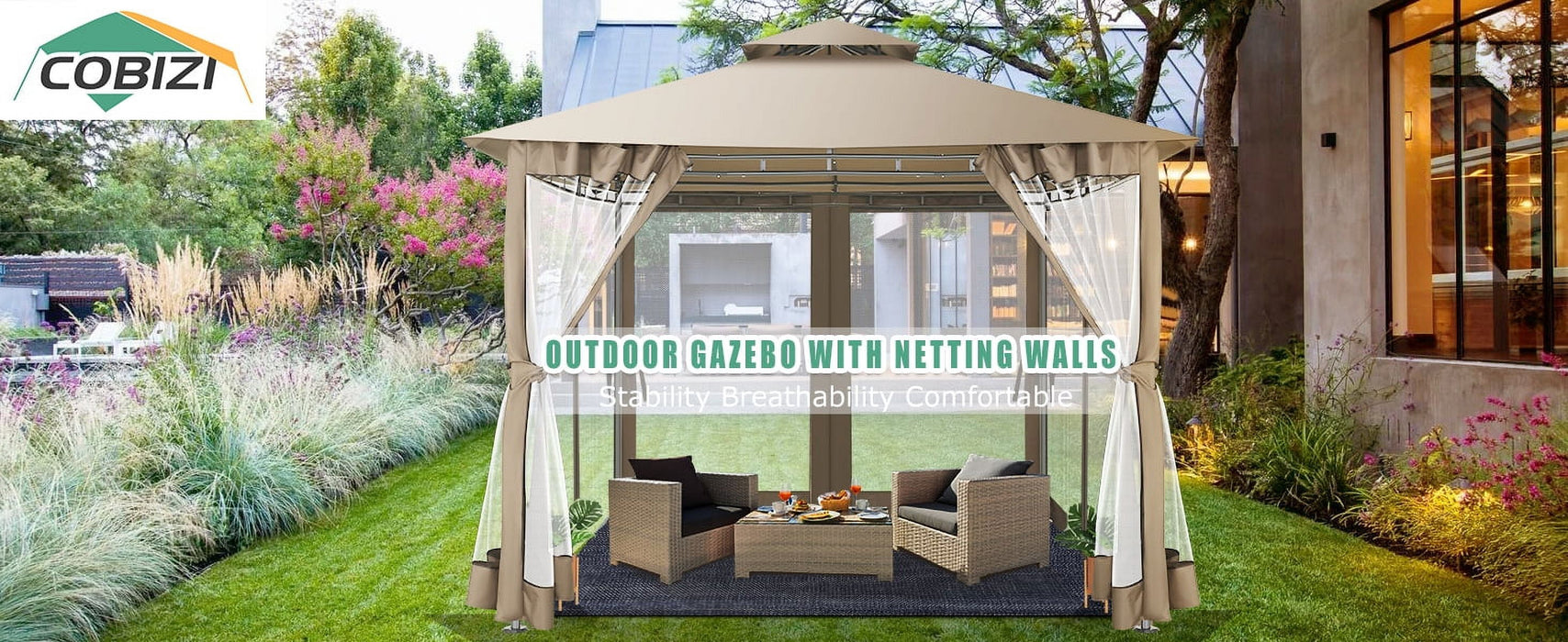 10'X10' Outdoor Gazebo Canopy, Canopy Tent with Mosquito Netting,Screened Gazebo with Corner Shelf Stable Steel Frame Double Roof Tops, Shade Tent for Party, Backyard, Patio Lawn, Garden,Khaki