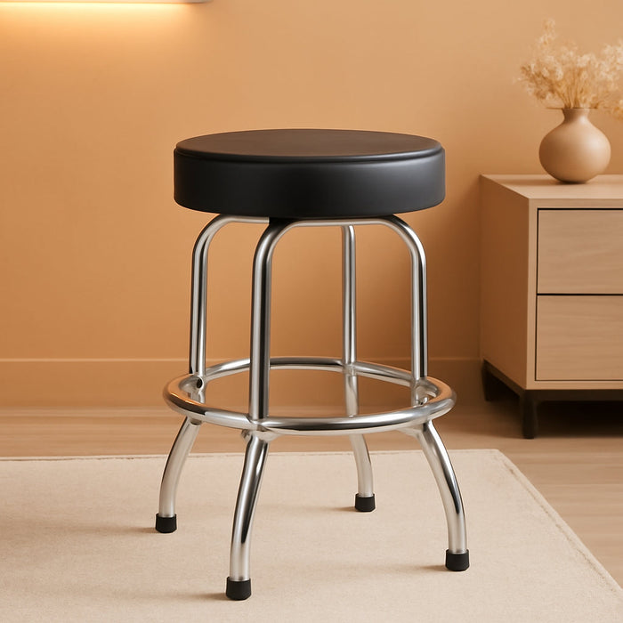 Swivel Bar Stool: Padded Garage/Shop Seat with Chrome Plated Legs, Black, 28.74" Tall, 18.5" Diameter