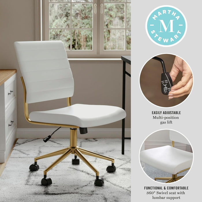 Ivy Armless Swivel Task Chair for Home Office in White Faux Leather with Polished Brass Frame