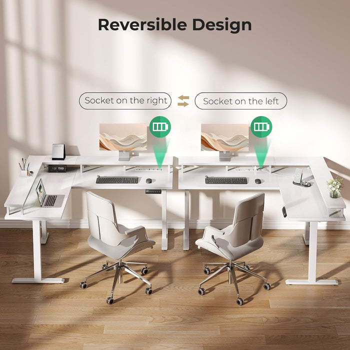 Electric L Shaped Standing Desk, 59 Inch Height Adjustable Stand up Desk with Power Outlets ＆ Full Monitor Stand, Reversible Corner Desk for Home Office ＆ Computer Workstation, White