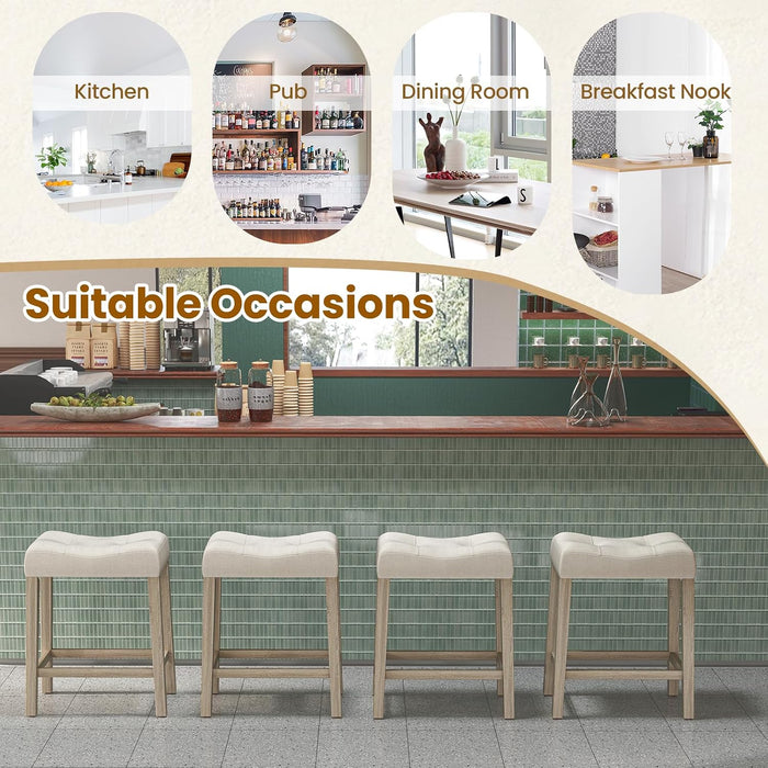 24" Saddle Bar Stools Set of 4, Farmhouse Button Tufted Barstools | Upholstered Counter Height Backless Bar Chairs with Footrest and Wood Legs for Kitchen Island, Dining Room, Cafe
