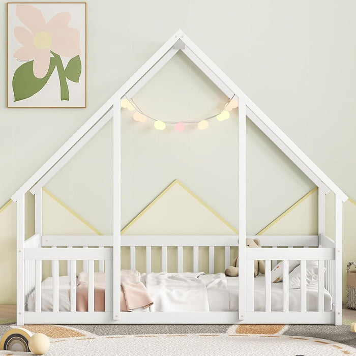 Twin White Montessori House Floor Bed IntegratedFence