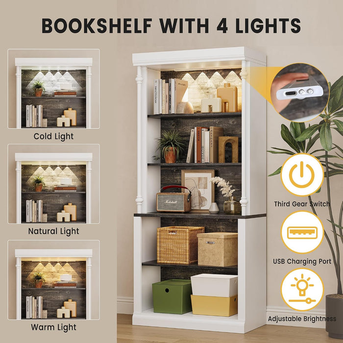 71" Tall 5-Tier Bookshelf, Large Open Display Bookcase with Ample Storage & LED Light, Floor Standing Book Shelf for Living Room, Home Office, Bedroom, White