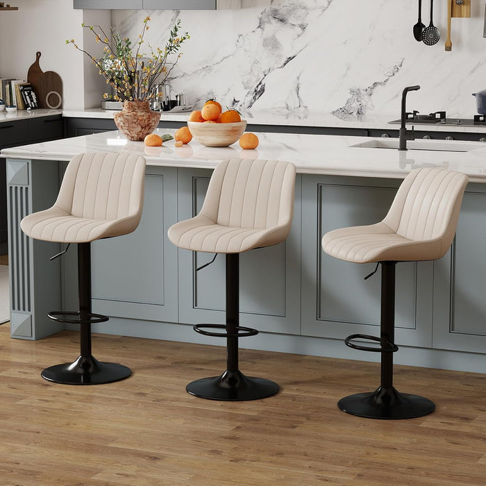 Adjustable Faux Leather Bar Stools Set of 3, Beige | Swivel, Counter Height, Back & Footrest, Armless, PU, Modern, Kitchen Island Stool, Upholstered Dining Room Chair