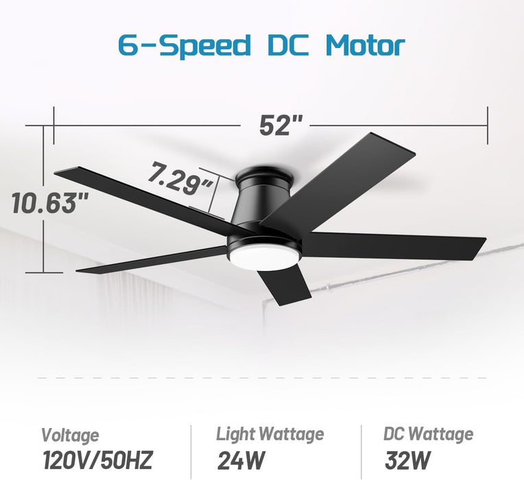52" Flush Mount Low Profile Ceiling Fan, Black,6 Speeds DC Reversible Motor,Timing, Dimmable for Indoor, Patio,Porch, Garage, Shop