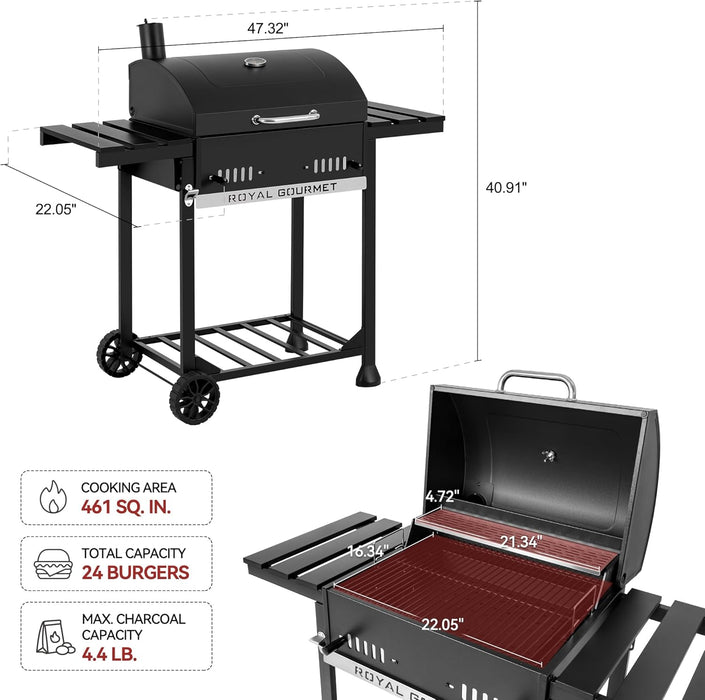 24-Inch Movable Charcoal BBQ Grill with Foldable Side Shelves, Temperature-Controlled, 461 Sq., Ideal for Backyard Party, Outdoor Picnic, Patio Cooking, Garden Grilling, Black
