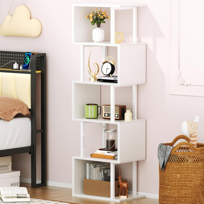 White Geometric Bookshelf 6 Tier S-Shaped Bookcase, Tall Modern Display Storage Shelf, Metal and Wood Decorative Freestanding Room Divider Shelves for Bedroom, Living Room, Office