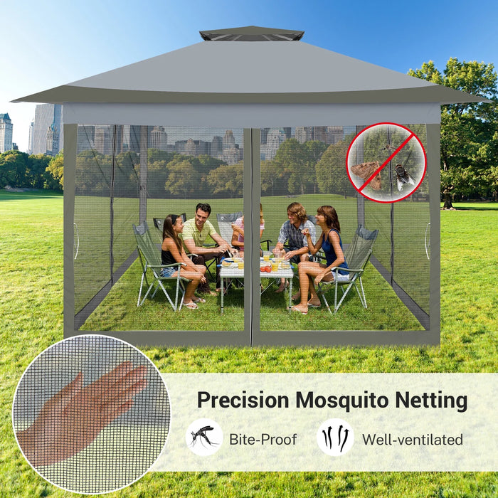 12X12Ft Outdoor Gazebo Pop up Gazebo with Mosquito Netting, Instant Patio Canopy Tent for Shade and Rain, 2 Tiered Vente Gazebo Canopy UPF 50+ for Garden Backyard with Carry Bag&4 Sandbags