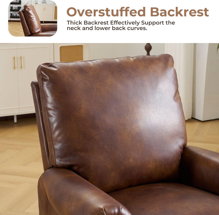 Pushback Recliner Chair with Massage and Heating, Breathable Leather Recliner Chair with Overstuffed Backrest and Rivet Decoration, Single Sofa Accent Chair for Living Room, Light Brown