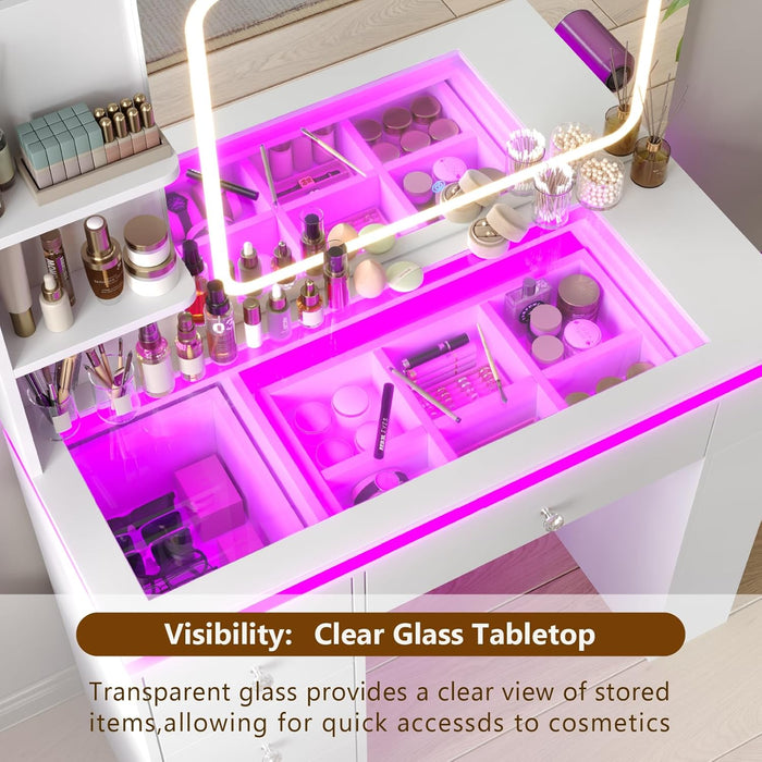 White Vanity Desk with Illuminated Mirror & Power Outlet, Bedroom Dresser LED Mirror Stepless Dimmable & 3 Color Modes Adjustable RGB Drawers, for Women Girls Bedroom, Pure White