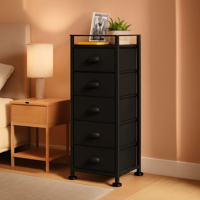 Black SlimStorage Narrow Five Drawer Dresser Wheeled