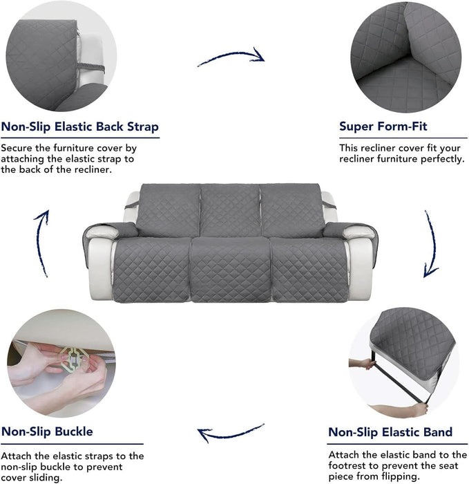 Water Resistant Reversible Sofa Covers for Reclining Sofa - Non Slip Split Recliner Couch Cover for 3 Cushion Couch, Washable Furniture Protector for Kid, Dog (3 Seat, Gray/Light Gray)