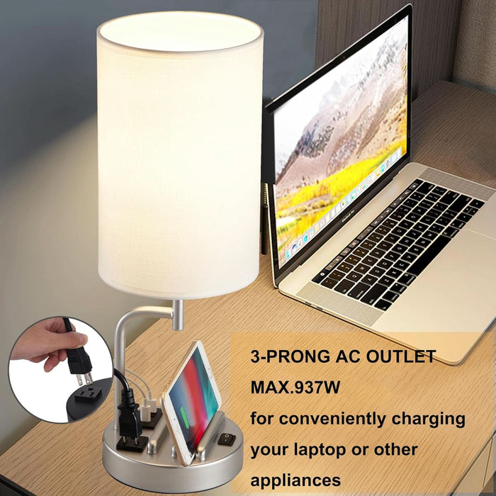 Table Lamp with 3 USB Charging Ports, Modern Desk Lamp with AC Outlet and Phone Stands, Perfect Bedside Lamp for Bedroom, Living Room, Office (Pack of 2), Silver