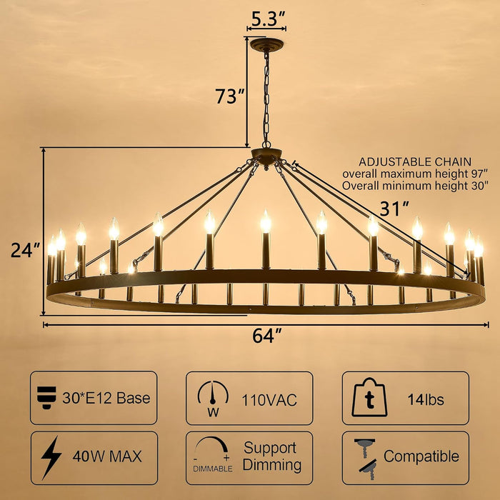 Large Black Wagon Wheel Chandelier 64 Inch,30-Light Farmhouse Wagon Wheel Chandeliers round Industrial Ceiling Light Fixtures for Outdoor Porch High Ceilings Living Dining Room Foyer Entryway