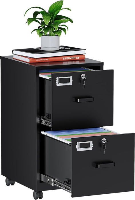 2 Drawer File Cabinet with Lock, Vertical Metal Filing Cabinets for Home Office, Lockable Storage File Cabinets under Desk, A4/Letter File Folders(Black)-Assembly Required