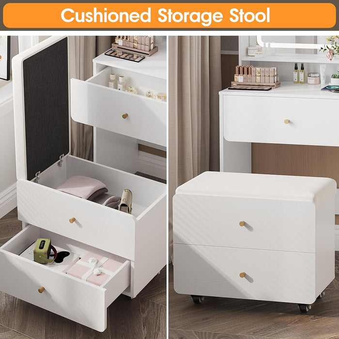 Make up Vanity Desk with Mirror and Lights, White Vanity Table Set with Charger Station,Girls Small Vanity and Storage Chair