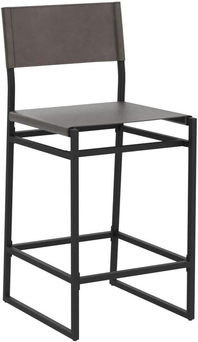 Faux Leather Counter Height Bar Stools Set of 2, Sling Armless Kitchen Barstools with Back and Metal Frame, 24" H Seat Height Counter Chairs, Grey