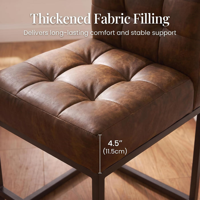 Modern Counter Height Bar Stools Set of 2,25'' Coffee Faux Leather Barstools with Back Sturdy Metal Legs, Checkered Wiring Thick Upholstered Counter Stools for Kitchen Island
