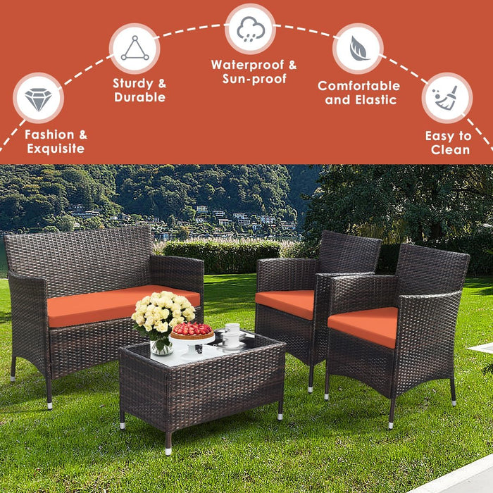 4-Piece Rattan Patio Set, Outdoor/Indoor Wicker Conversation Set for Pool, Backyard, Lawn, Wicker Chairs and Sofa with Soft Cushion, Rattan Furniture with Tempered Glass Coffee Table