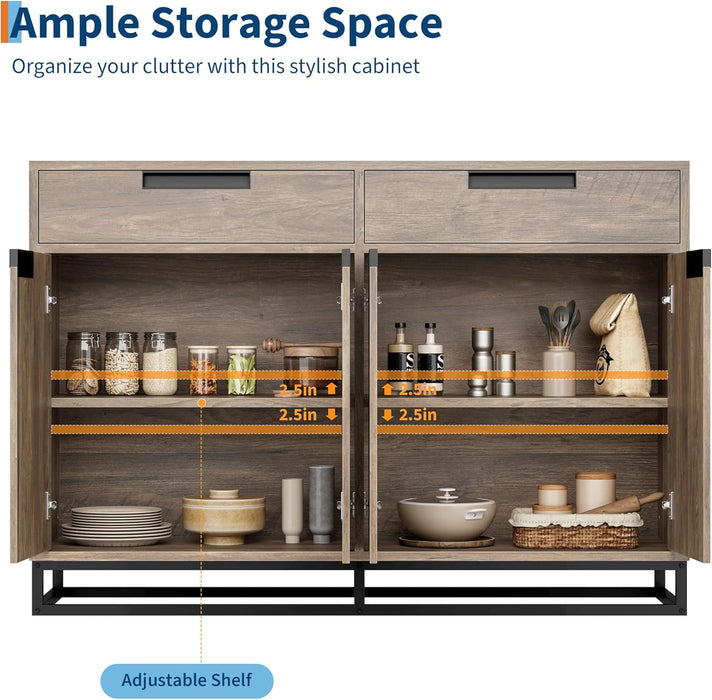 55" Buffet Cabinet with 2-Drawer and 4-Door Storage - Kitchen Dining Room Coffee Bar Organizer, Large Accent Furniture for Dining Room, Brown