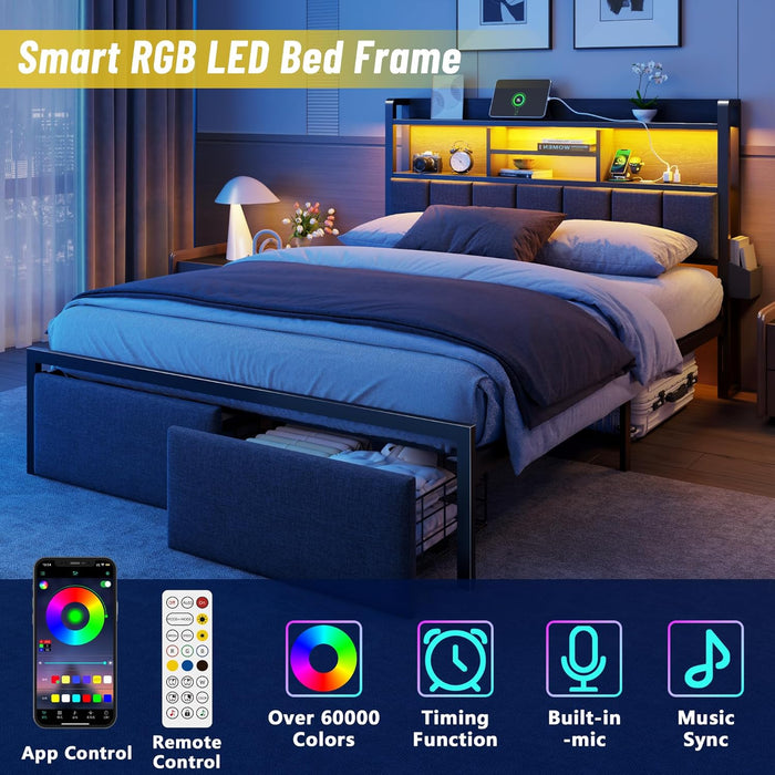 Queen Bed Frame with Storage Drawers, Upholstered Headboard with LED Light & Charging Station, Metal Platform Bed Frame Queen Size, Noise Free, No Box Spring Needed, Black (1200 Lbs Capacity)