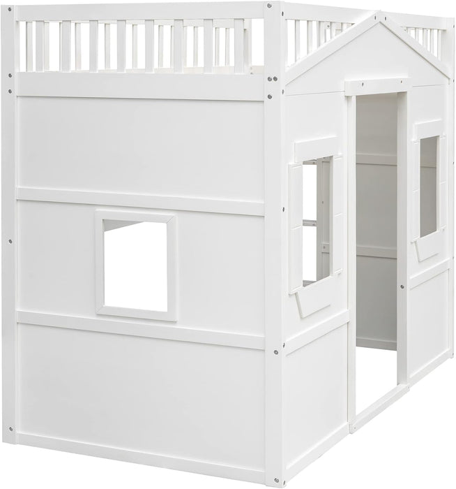 Twin Size House Loft Bed, Wooden Bed Frame with Ladder, Kids Playhouse Bed with Window for Girls Boys, White