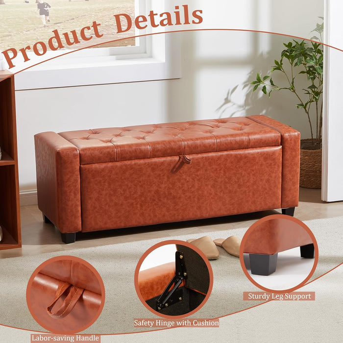 Ottoman with Storage,Tufted Storage Bench with Safety Hinge,Holds up to 330 Lb,Upholstered Bench with Seating for Bedroom, Living Room,Entryway,Leather Reddish Brown