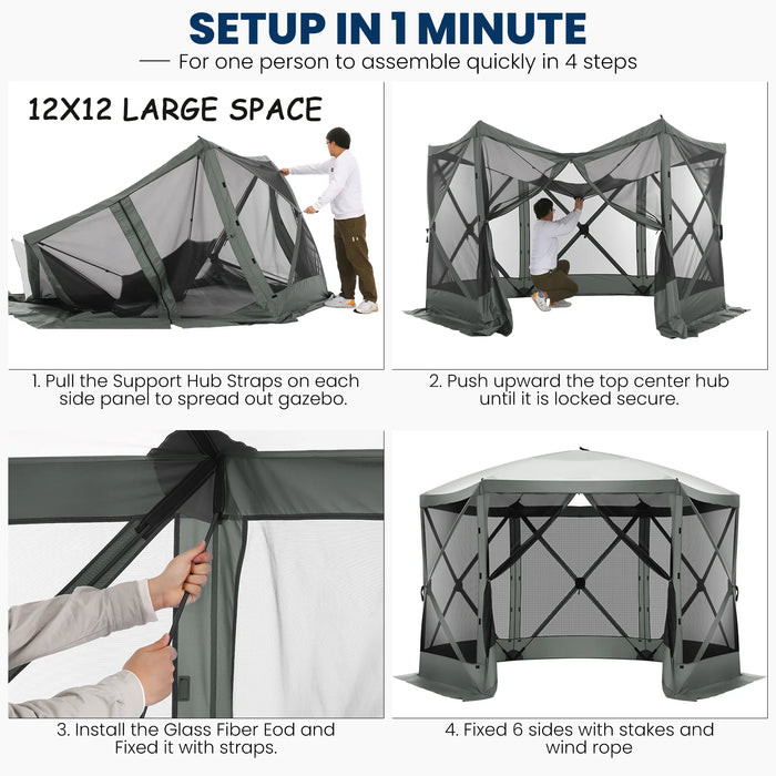 12'X12' Pop-Up Gazebo Outdoor Camping Tent with 6 Sides Mosquito Netting, Waterproof, UV Resistant, Portable Screen House Room, Easy Set-Up Party Tent with Carry Bag, Ground Spike, Gray