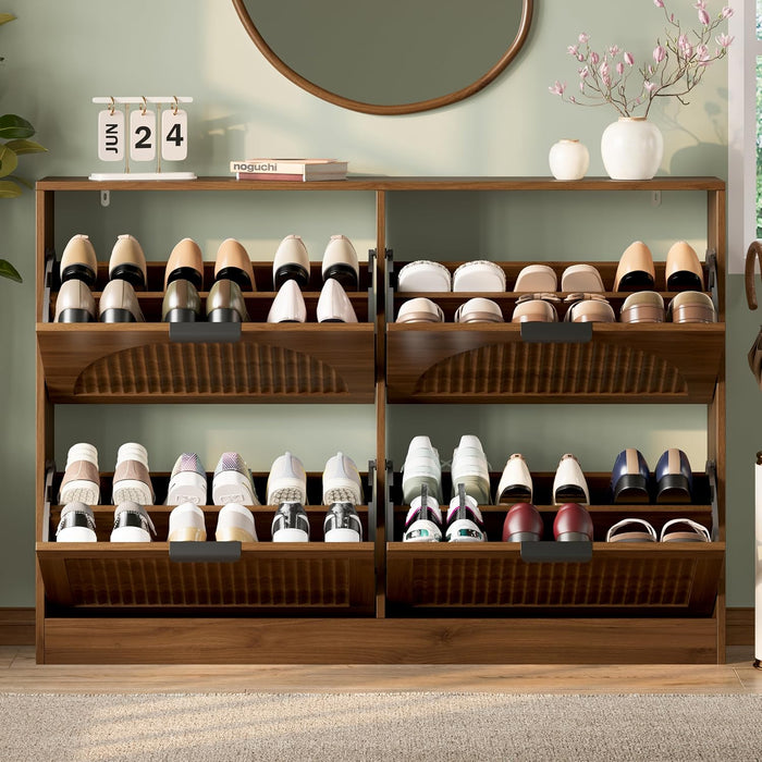 Fluted Shoe Storage Cabinet for Entryway with 4 Flip Drawers, Walnut