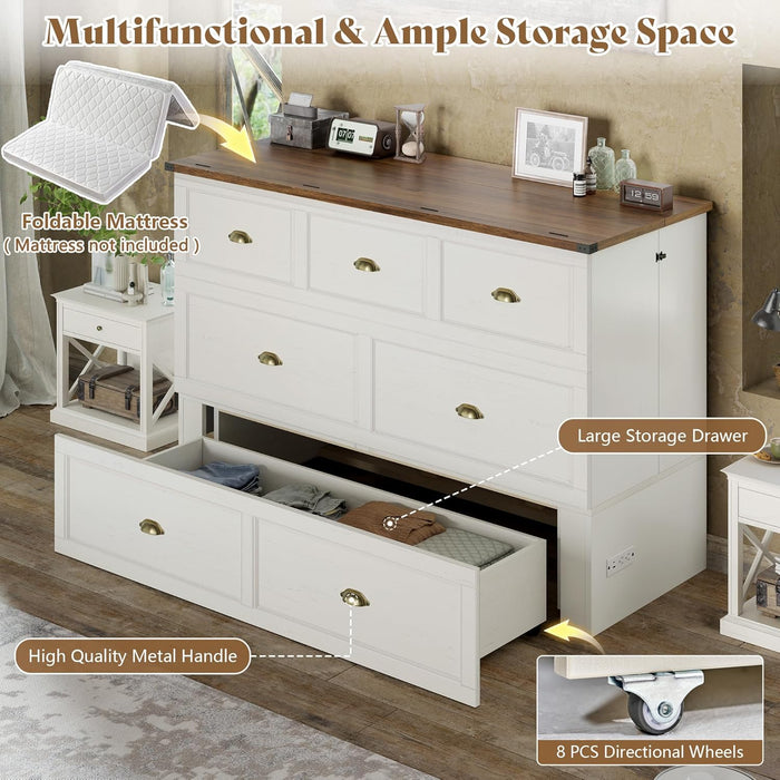 Queen Size Murphy Bed, Farmhouse Wooden Cabinet with Charging Station and Storage Drawer for Bedroom/Office/Guest Room, White+Barnwood