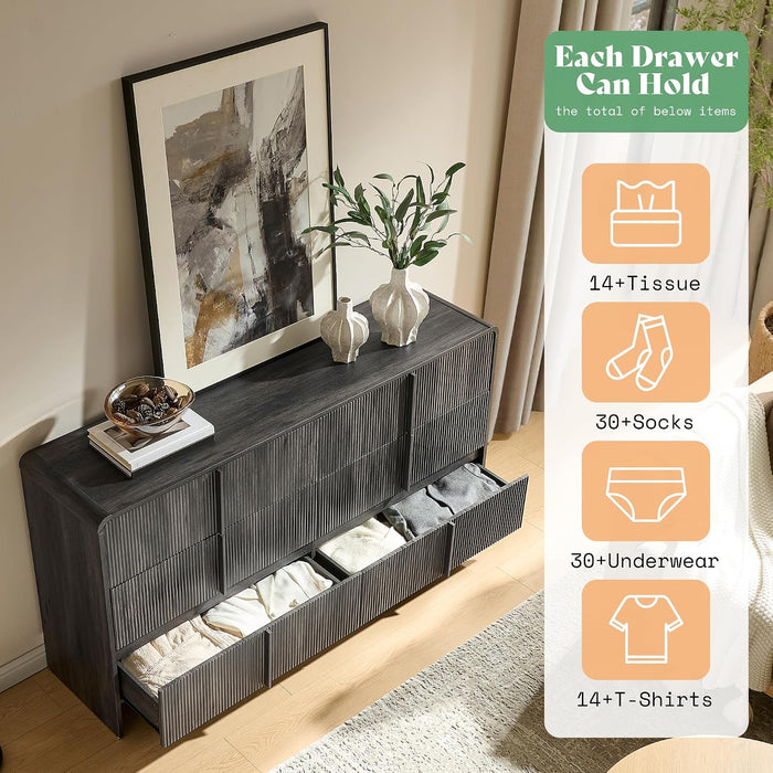 Fluted 6 Drawer Dresser 63" Long with Pine Handles, Black