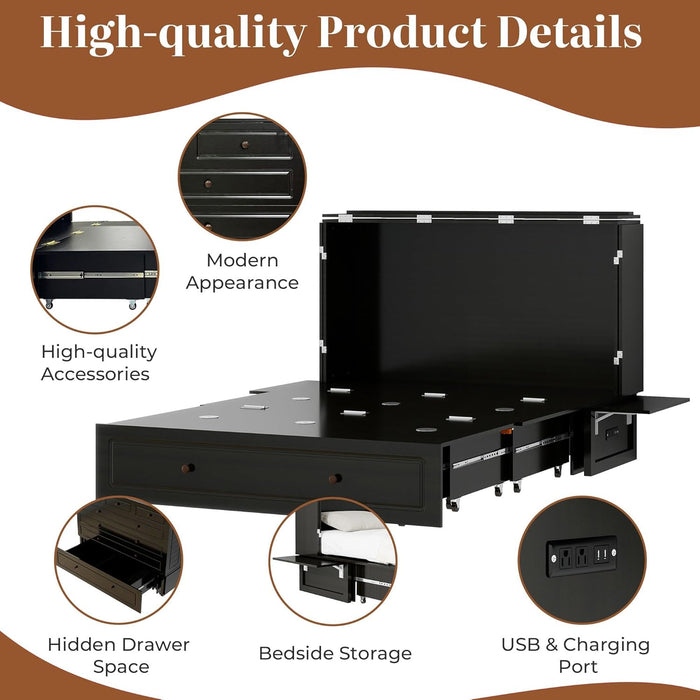 Queen Murphy Bed Cabinet Contemporary Black Finish