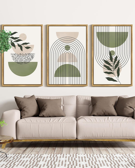 Large 16X24In Green Botanical Boho Wall Art Framed Modern Sage Bohemian Wall Decor Abstract Geometry Lines Prints Ready to Hang Natural Framed