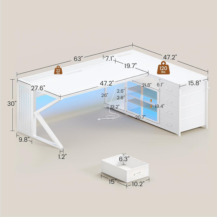 L Shaped Gaming Desk, 63" Lx27.6 W Computer Desk with 4 Drawers & Display Cabinet, Executive Office Desk with Storage Shelves & LED Light for Home Office, White