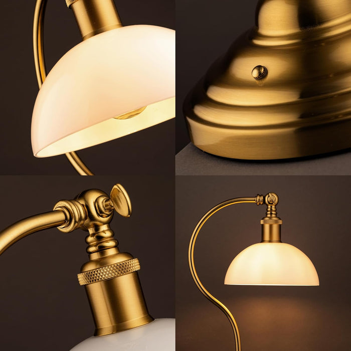 Bankers - Cordless LED Table Lamp, Battery-Operated, Rechargeable, 3-Level Dimming, Universal USB-C Charging, 180° Swivel Head, White Jade Glass Shade, Antique Brass