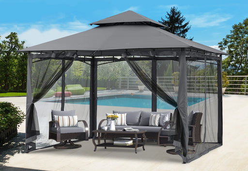 11' X 11' Outdoor Patio Gazebo Double Roof Steel Frame with Mesh Walls, Dark Gray