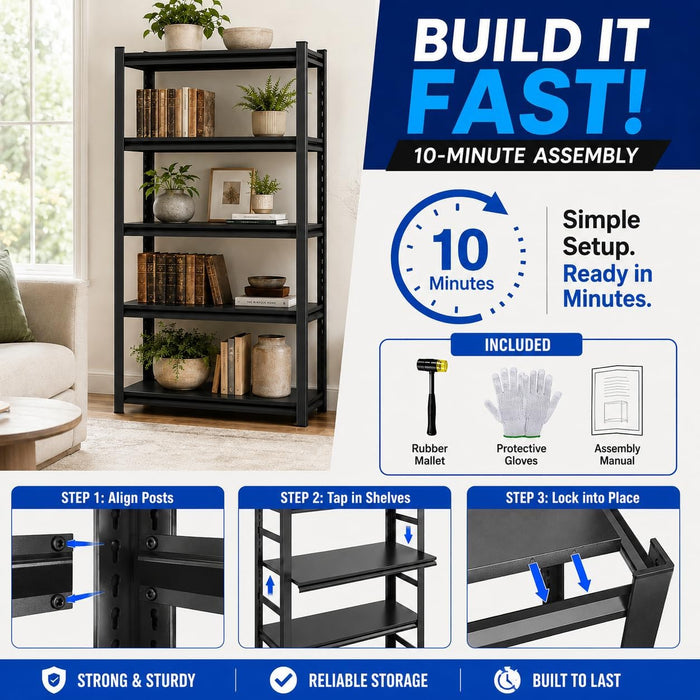 Metal Bookshelf, 5-Tier Adjustable Industrial Bookcase with Anti-Tip Kit | 2500LBS Boltless Steel Storage Shelves for Living Room, Bedroom & Home Office, 36"W X 16"D X 72"H