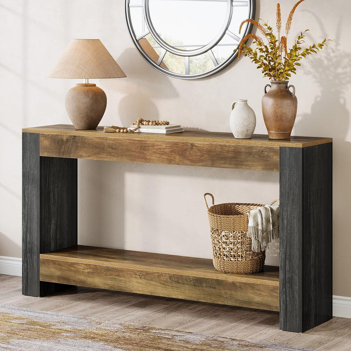 63-Inch Long Console Table for Entryway, Farmhouse Wood Sofa Table behind Couch for Living Room, Hallway, Entrance, Foyer, Rustic Brown & Black