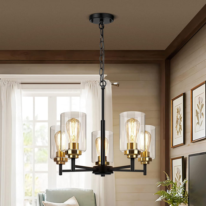 19.8'' 5-Light Chandelier for Dining Room Kitchen Island, Modern Farmhouse Pendant Lighting with Glass Shades Industrial Black Hanging Ceiling Light Fixture for Living Room, Height Adjustable