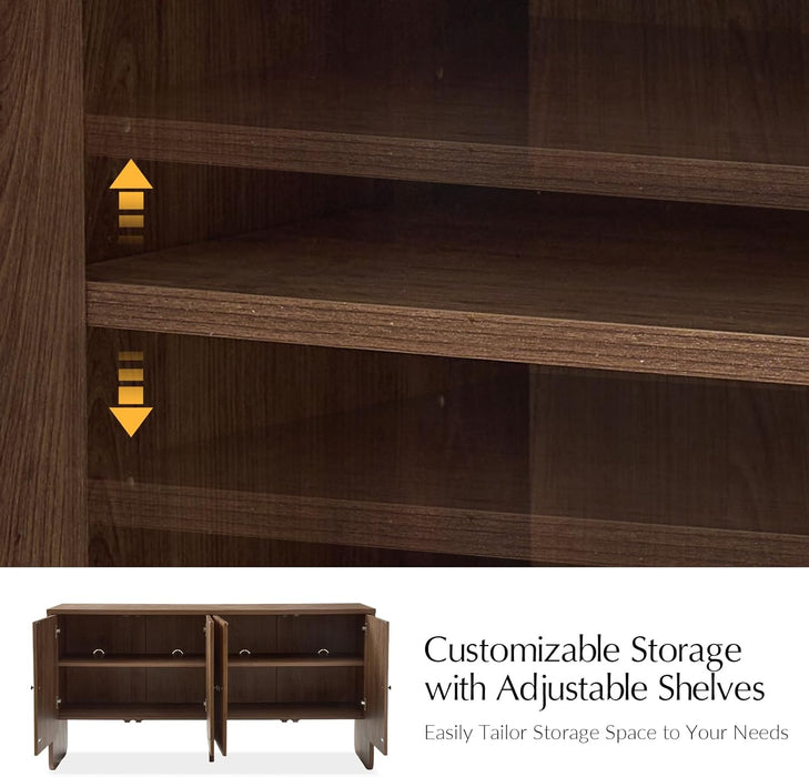 63" Wide Fluted Sideboard Buffet Cabinet Solid Wood, Modern Storage with 4 Adjustable Shelves & Doors, Multifunctional Credenza for Dining Room,Living Room,Entryway,Walnut