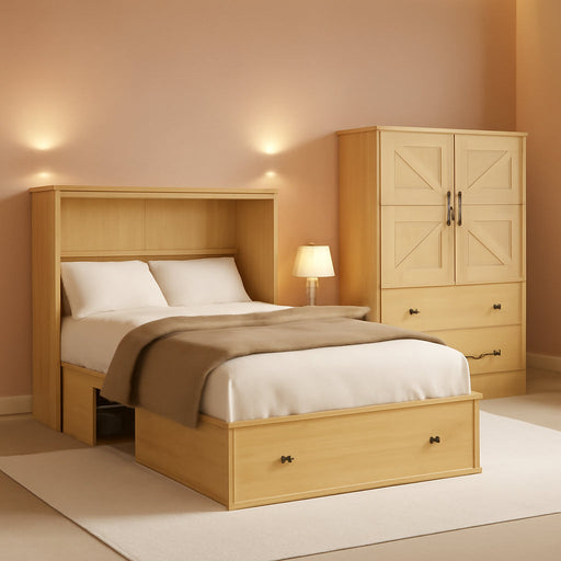 Murphy Bed with Built-In Charging Station, Space-Saving Murphy Bed Chest Twin with Drawer, Foldable, for Home Office Guest Room Bedroom,Natural