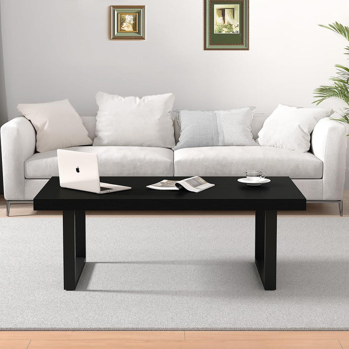 Black Coffee Table, Minimalist Industrial Wooden Center Table, Modern Simple Rectangle Living Room Table, Farmhouse Wood and Metal Cocktail Coffee Table for Home Bedroom Office, Black Oak, 39 Inch