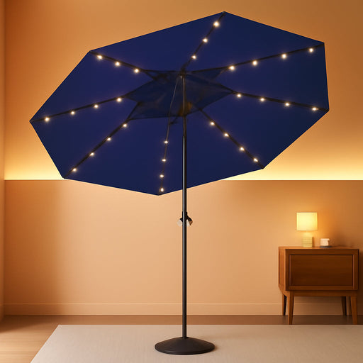 10FT Solar Patio Umbrella with Lights, Outdoor Table Market Umbrella with 32 LED Lights, 8 Sturdy Ribs, Push Button Tilt and Crank for Pool, Deck and Garden, Uv-Resistant